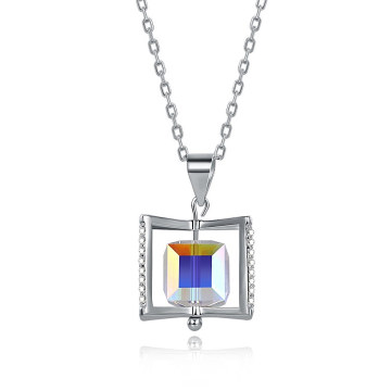 Summer Design 925 Sterling Silver Rotatable Square Crystal Necklace